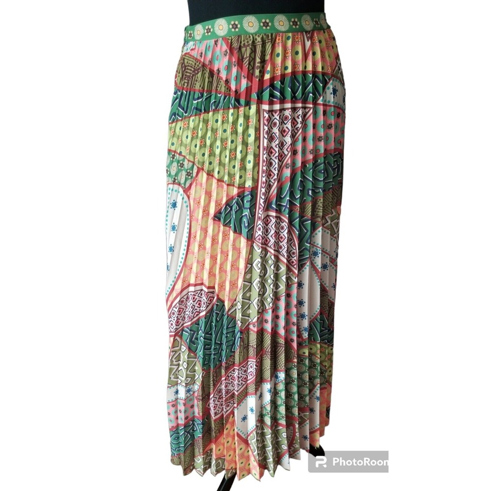 CQ by CQ Accordion Pleated Long‎ A Line Elastic Waist Geometric Print Skirt YJ01